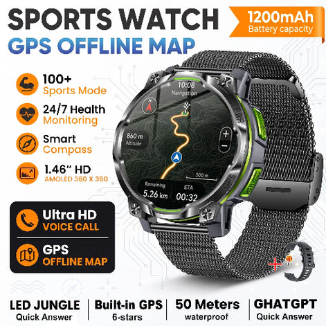 A rugged sports watch with a dark gray mesh strap and black bezel, shown on a white background with promotional text and feature icons. 