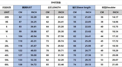 A size chart table in Chinese for DH clothing, showing measurements for bust, length, sleeve length, and shoulder for sizes 2XS to 6XL in centimeters and inches.