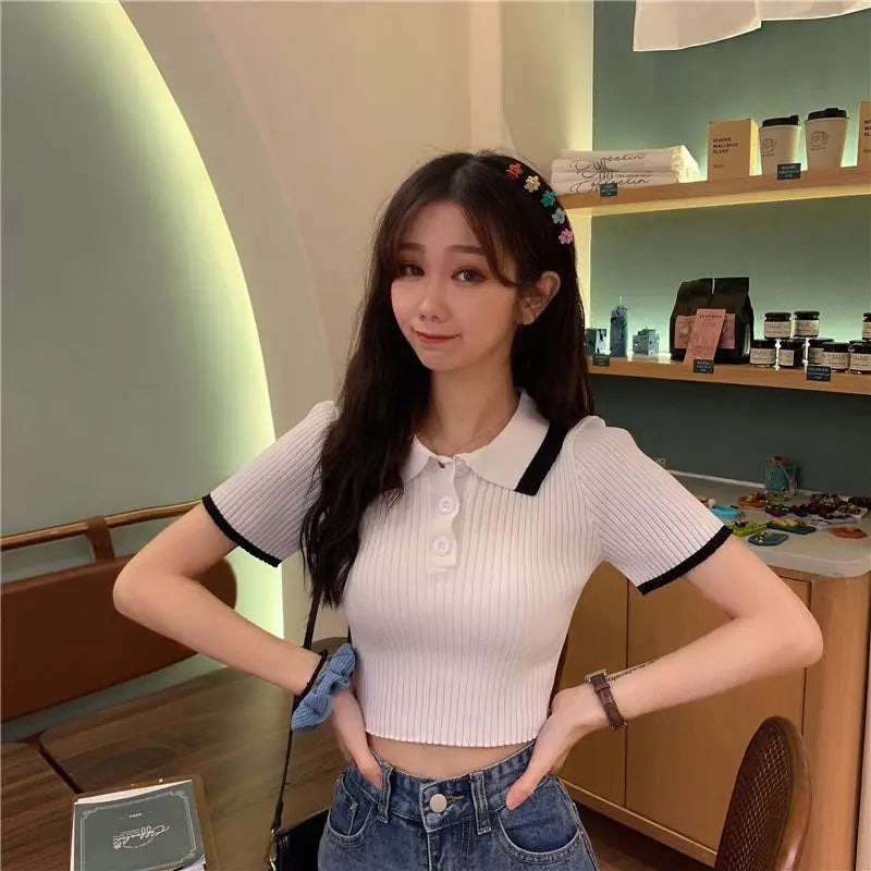 Women's Polo Shirts Sexy Crop Top Button Female Tee Knitted Slim with T-shirts Collar Korean Clothing Pulovers Trend 2025 Summer