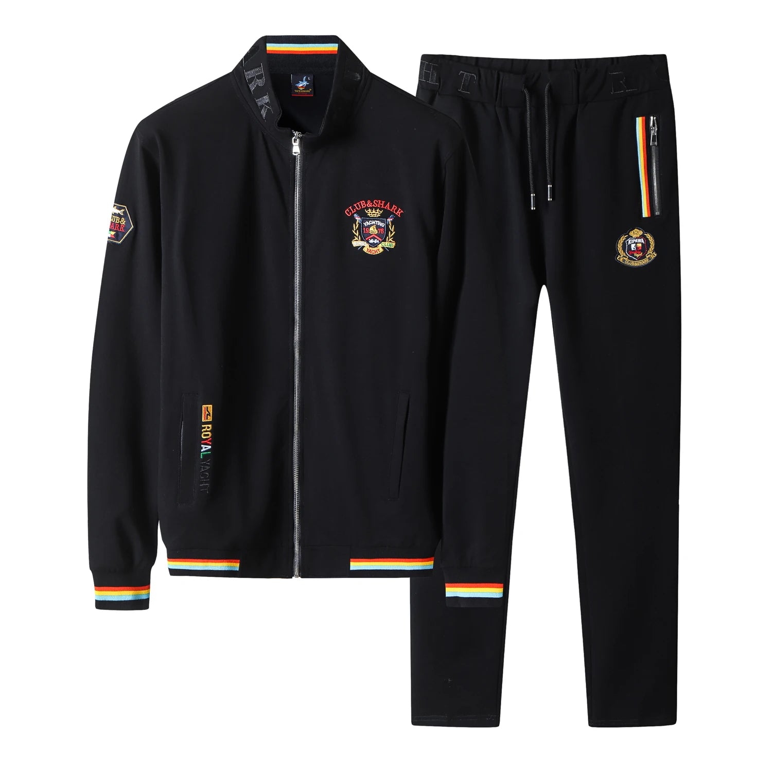 A two-piece navy blue tracksuit set featuring a zip-up jacket and matching pants. The jacket and pants have red, yellow, and white striped accents at the cuffs, hem, and waistband.