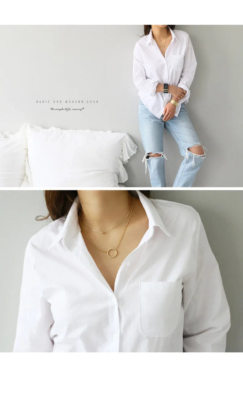 Photo collage of the white button-down shirt showing a standing shot and a close-up with text overlay.