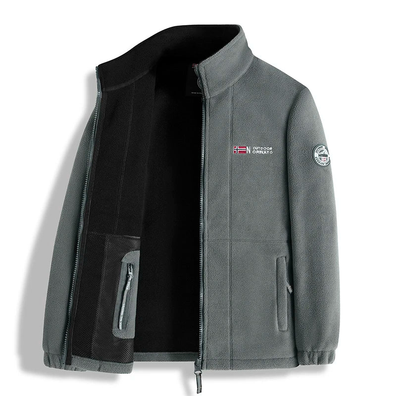Gray jacket with black interior, featuring Norway Outdoor logo on a white background