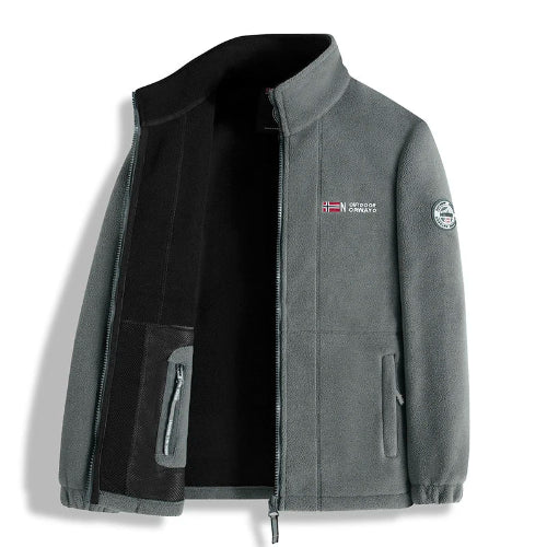 Gray jacket with black interior, featuring Norway Outdoor logo on a white background
