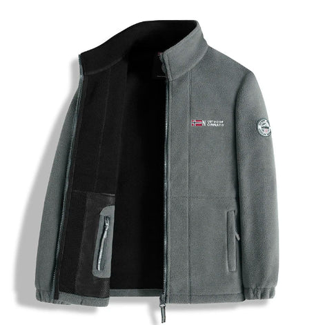 Gray jacket with black interior, featuring Norway Outdoor logo on a white background