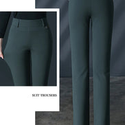 Dark green suit trousers with a close-up inset on a gray background