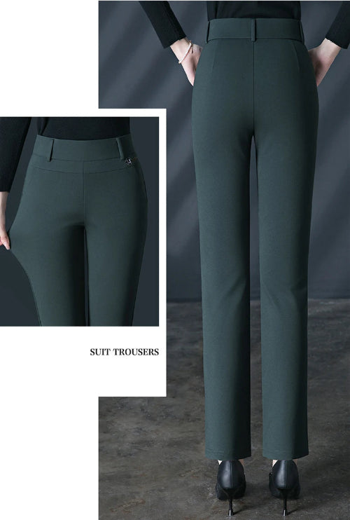 Dark green suit trousers with a close-up inset on a gray background