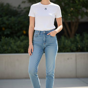 White t-shirt with a black logo on a white background