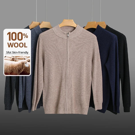 Wool jackets on hangers with a '100% Wool' label and sheep image.