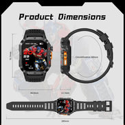 Product dimensions diagram for a rugged smartwatch, showing front, side, and strap measurements on a light gray background with a faint robot graphic.