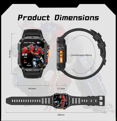 Product dimensions diagram for a rugged smartwatch, showing front, side, and strap measurements on a light gray background with a faint robot graphic.