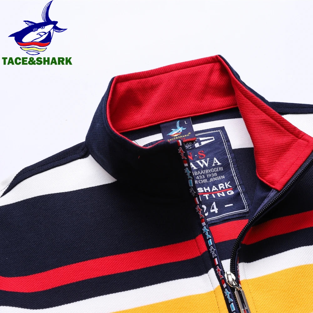 TACE&SHARK Brand Men‘s Casual Long Sleeve Striped Polo Shirt Cotton Blend Knitted Top Fashion Business Embroidery