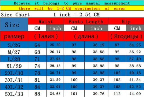 Size chart for pants with measurements in centimeters and inches
