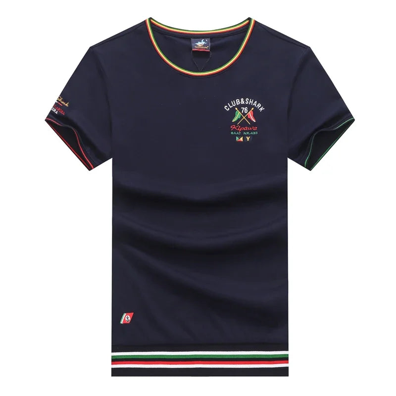 TACE&SHARK Summer Military T-shirts Fashion Embroidery Casual Cotton White Camiseta Tops Tees Shark Short Sleeve T Shirt Men