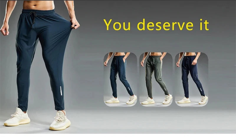 Person wearing dark blue pants with inset images of different colored pants and text 'You deserve it' on a gray background.