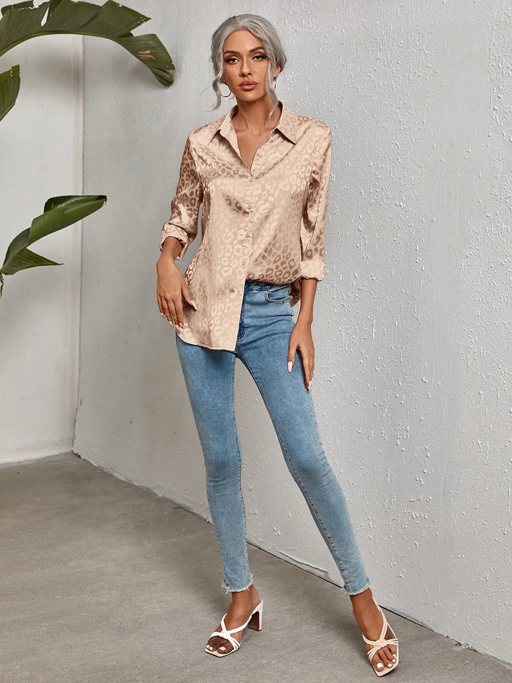 Women Leopard Print Luxury Blouse Spring Summer Long Sleeve Lapen Vintage Button Up Shirt Office Lady Satin Tunics Harajuku Top