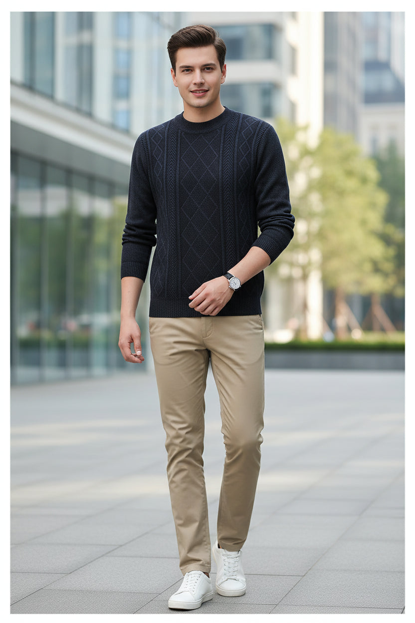 Dark gray patterned sweater worn by a person on a gray background