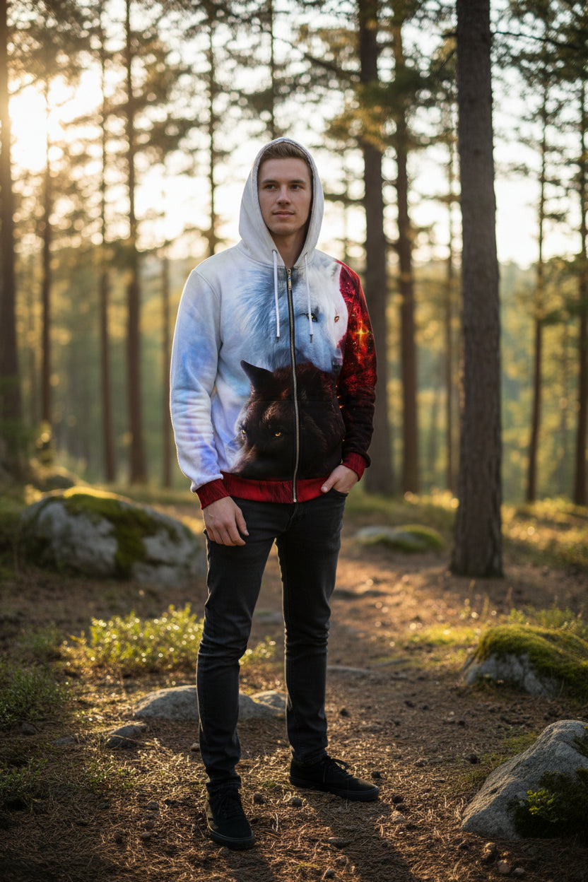 Hoodie with a design of two wolves, one white and one black, on a white background.