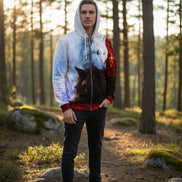 Hoodie with a design of two wolves, one white and one black, on a white background.