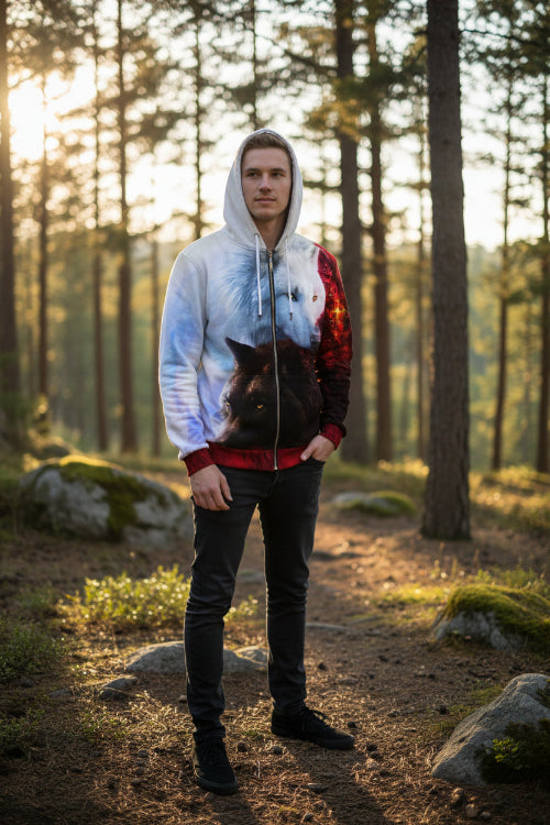 Hoodie with a design of two wolves, one white and one black, on a white background.
