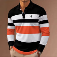 Long-sleeve polo shirt with black, white, and orange stripes on a brown background