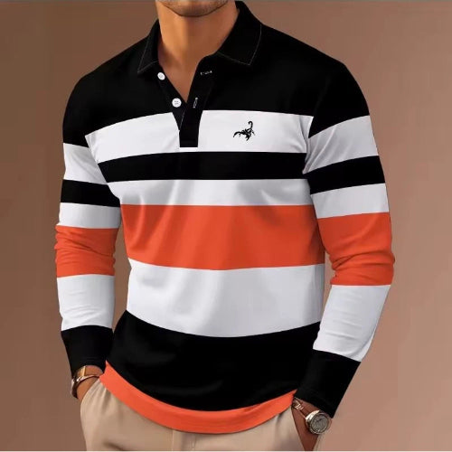 Long-sleeve polo shirt with black, white, and orange stripes on a brown background