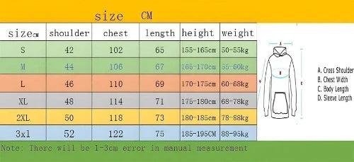 Size chart for a hoodie with measurements in centimeters