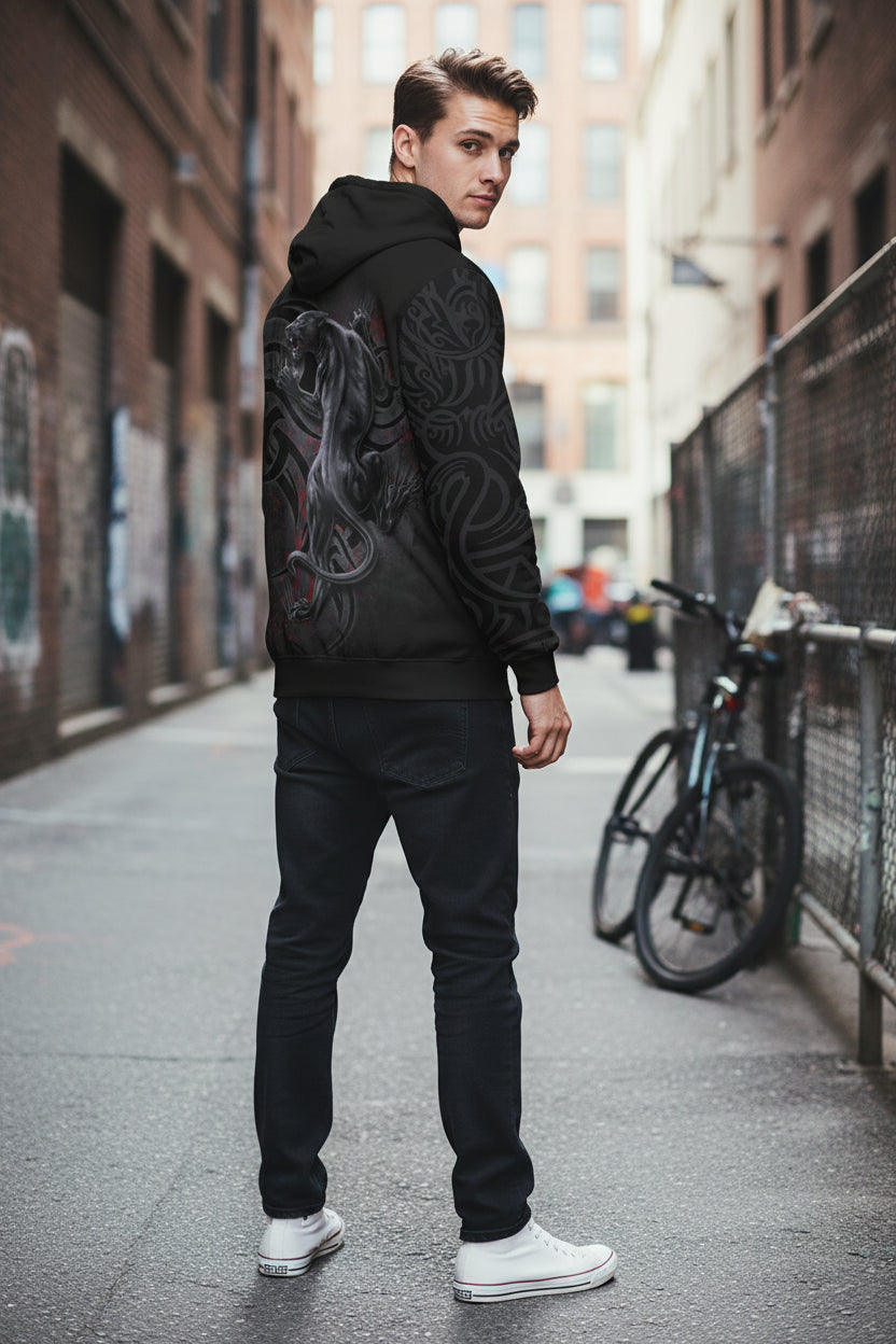 Black hoodie with a panther design on the back against a white background