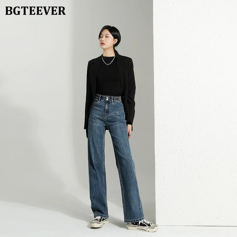 BGTEEVER Vintage Double Buttons Straight Jeans Pants Women Spring Autumn High Waist Loose Pockets Female Wide Leg Denim Trousers
