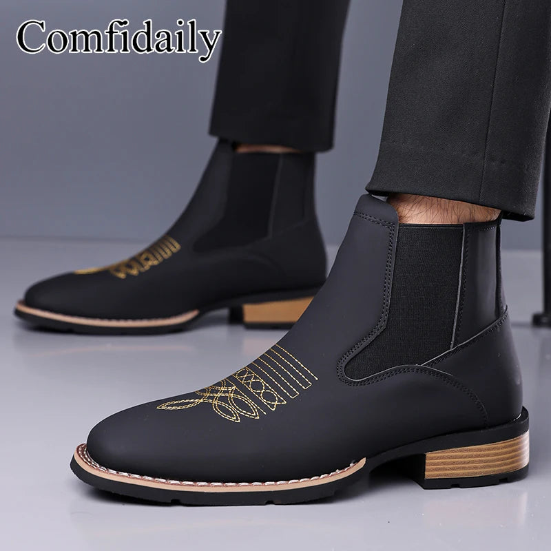 Retro Men Chelsea Boots Classic Brown Embroidery Boots High Quality Business Casual British Style Street Western Ankle Boots