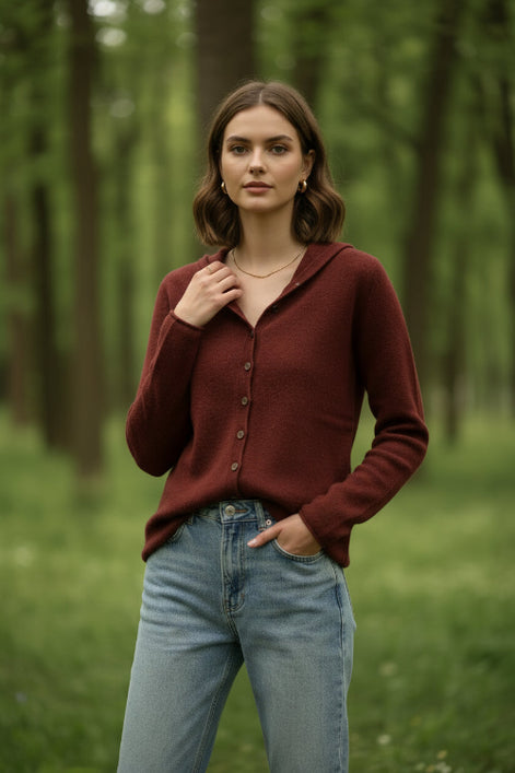 Person wearing a brown button-up sweater with a blurred background