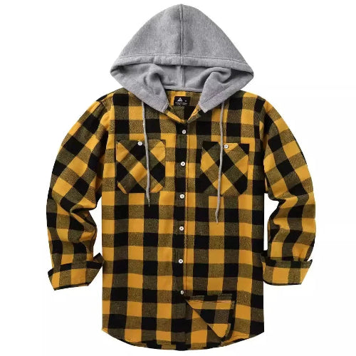 A yellow and black buffalo plaid hooded flannel shirt jacket with a gray hood lining, featuring a button-down front, two chest pockets, and a lower patch pocket, shown on a plain white background.