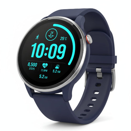 Smartwatch with a blue strap on a white background, featuring text about fast shipping.