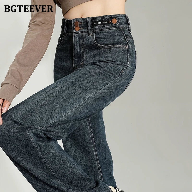BGTEEVER Vintage Double Buttons Straight Jeans Pants Women Spring Autumn High Waist Loose Pockets Female Wide Leg Denim Trousers