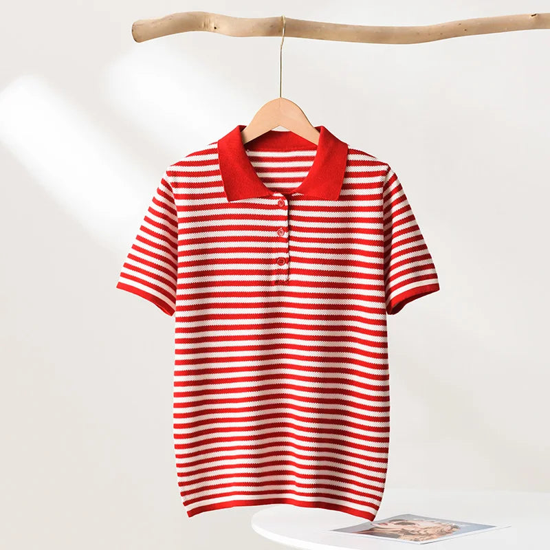 WinvyNee Summer T-shirts Women 100% Cotton Striped Tops Women Clother Polo Short Sleeve Buttons Casual Basic Pullover ZA1102004