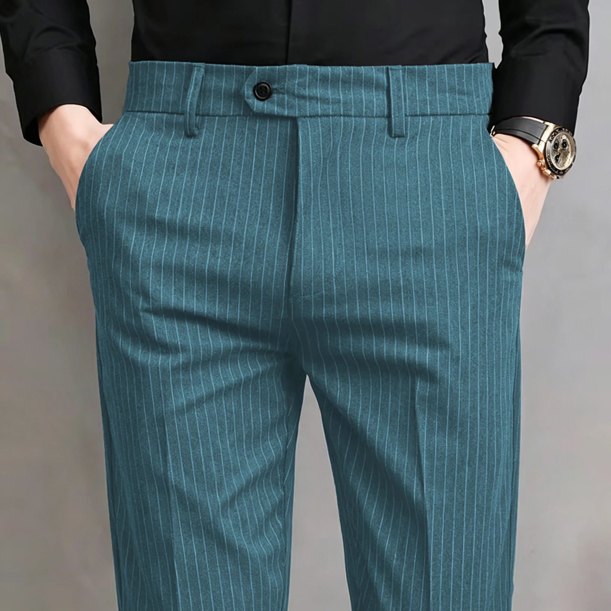 Pinstripe Pattern Suit Pants for Man Formal Dress Slim Fit Pants Elastic Waist Summer Thin Casual Trousers Male Business Wedding