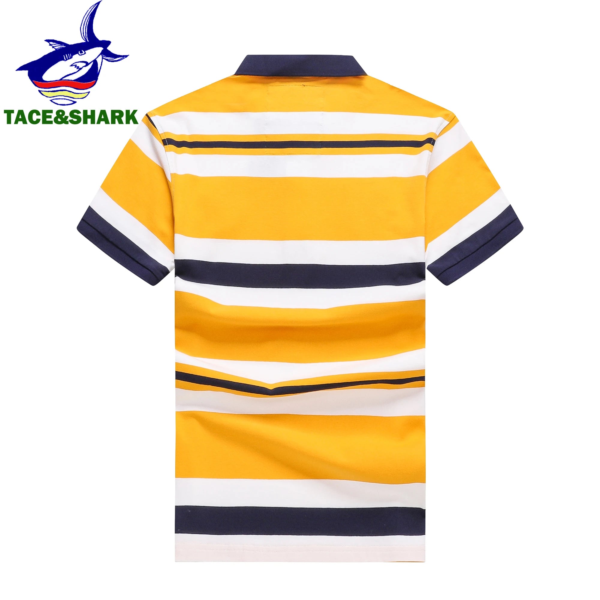 A short-sleeve polo shirt with horizontal yellow, white, and navy blue stripes, shown from the back on a white background. A TACE&SHARK logo is visible in the top-left corner.