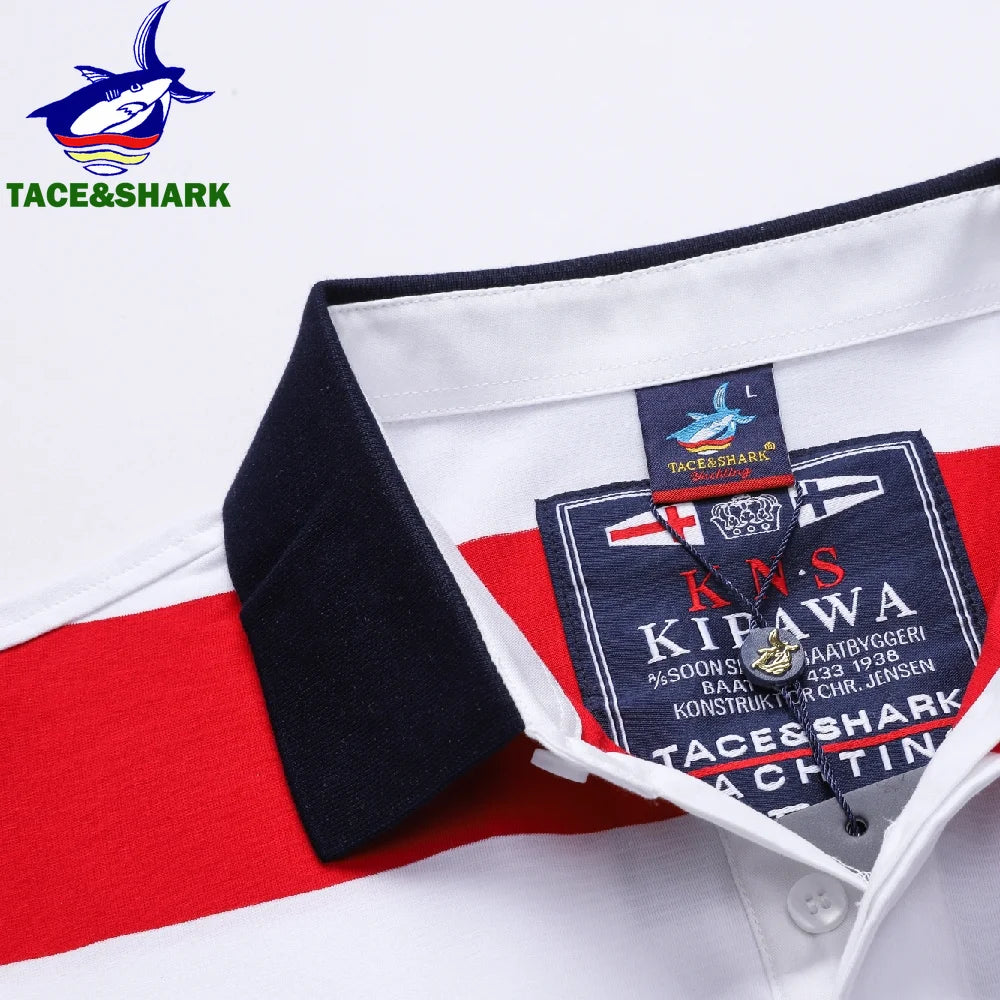 Close-up of a shirt with Tace&Shark branding and labels on a white background