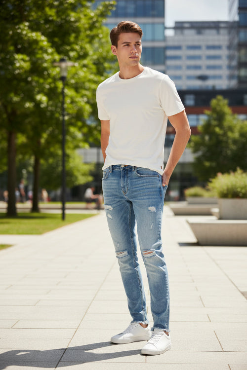 Pair of blue jeans with slight distressing on a white background