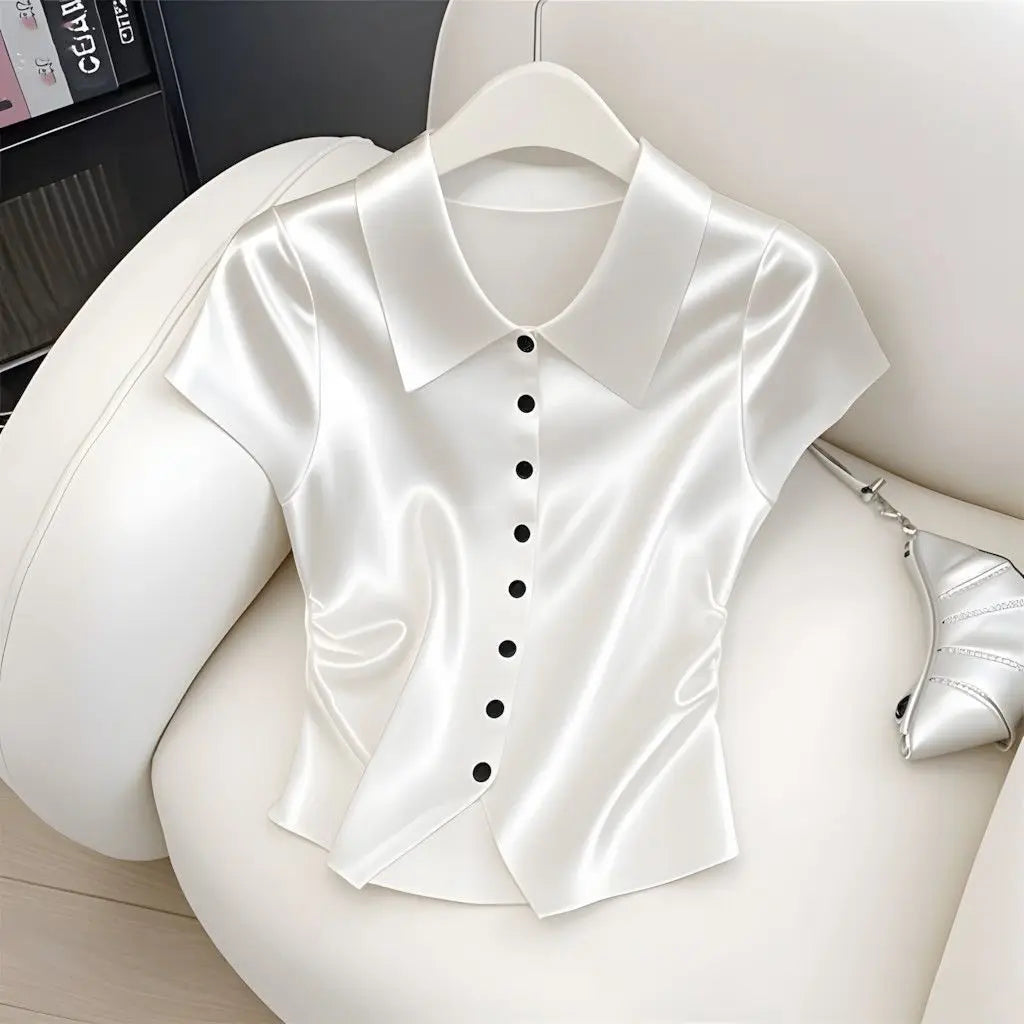 2025 Summer New Fashion Temperament Buttons Solid Color Shirts Ladies Fashion Turn-down Collar Short Sleeve Blouse Women Clothes