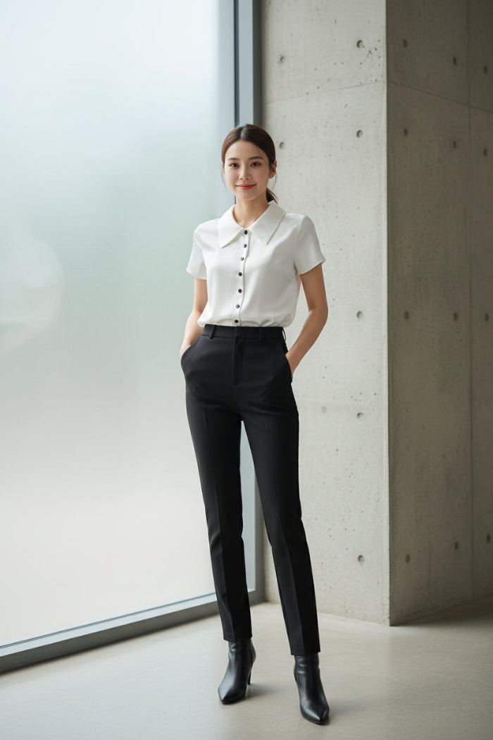 White blouse with black buttons on a hanger against a white background