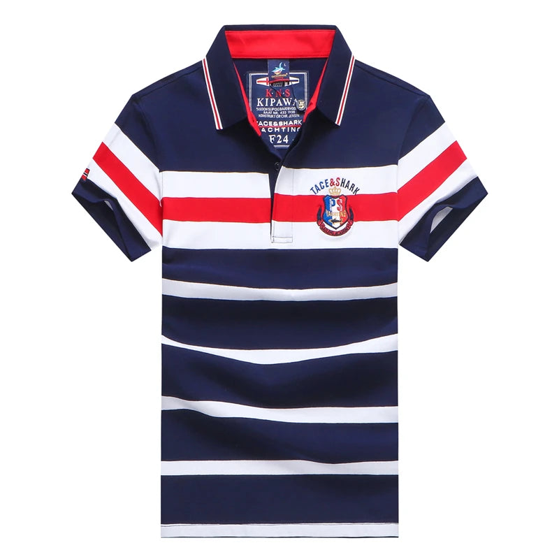 A short-sleeve polo shirt with horizontal navy blue, white, and red stripes, featuring a red inner collar, a 'KIPAW' brand label inside the collar, and a 'TIDE&SHADE' crest on the left chest.