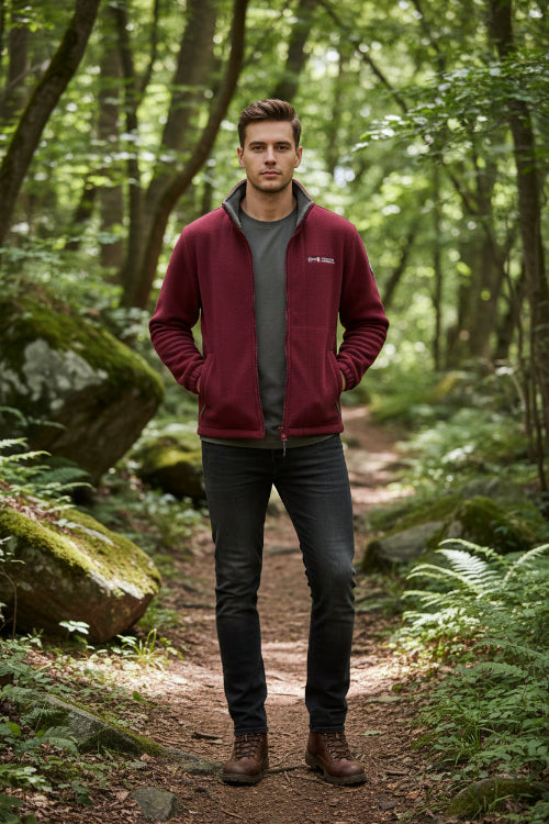 Maroon jacket with gray interior on a white background
