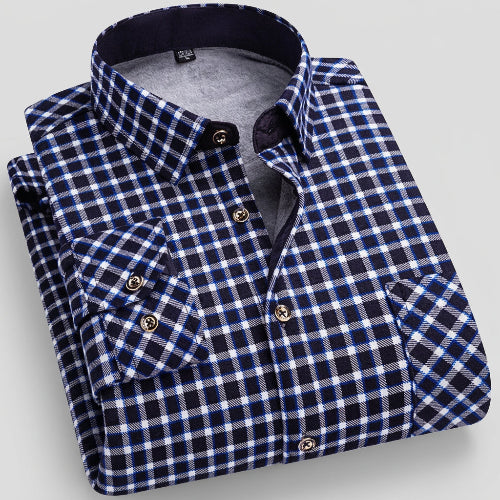 Folded blue and white checkered shirt with close-up of fabric texture on a white background