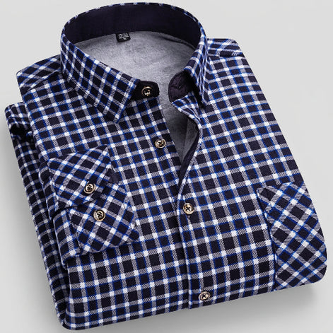 Folded blue and white checkered shirt with close-up of fabric texture on a white background