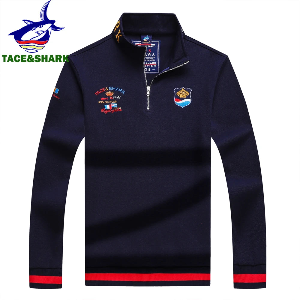 TACE&SHARK Fashion Men‘s Shark Embroidery Long Sleeve Polo Shirt Cotton Casual Wear Business Solid Color Tops