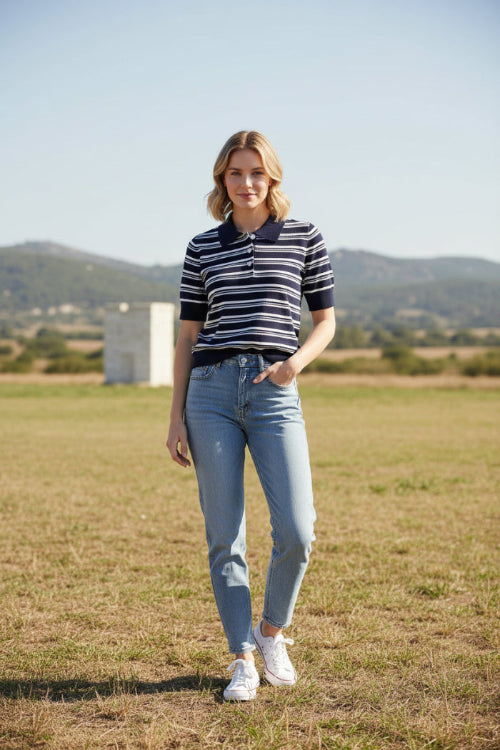 Navy and white striped polo shirt on a white background with 'WinvyNee' branding.