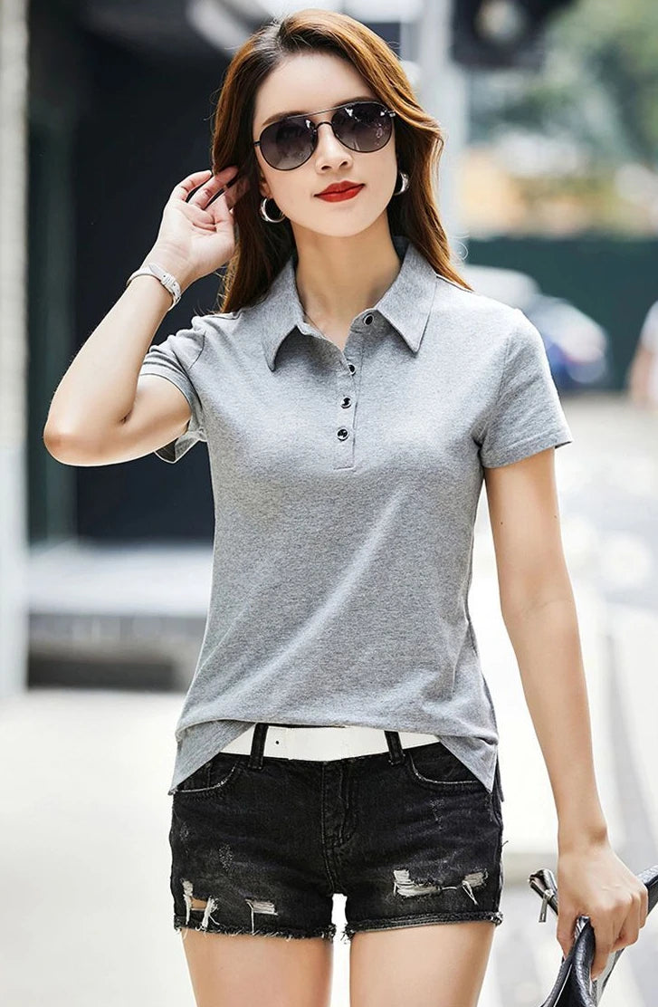 Female Tee Slim 100℅ Cotton Plain Button Women's Polo Korean Clothing Goth T-shirts Elegant Cheap Aesthetic Hot Sales Emo Kpop