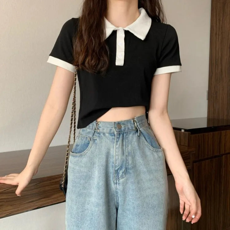 Summer 2026 Women New Arrival Slim Fit Versatile Polo Collar Color Block Short T Shirt Short Sleeve Unique Top Ins Trendy