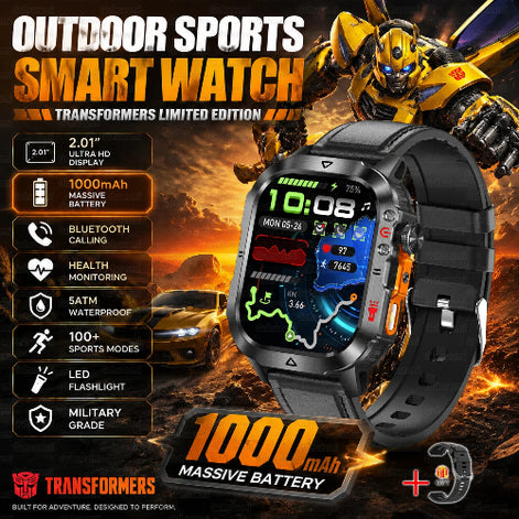 A Transformers-themed promotional graphic for a smartwatch. The watch is shown prominently in the foreground 