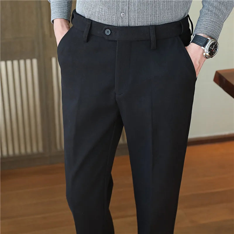 2025 Autumn and Winter Coffee Stretchable Waist Thickened Brushed Casual Pants for Men,multi-color Thick Men's Woolen Suit Pants